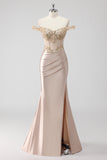 Sparkly Champagne Off the Shoulder Corset Prom Dress with Slit