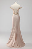 Sparkly Champagne Off the Shoulder Corset Prom Dress with Slit