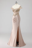 Sparkly Champagne Off the Shoulder Corset Prom Dress with Slit