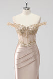 Sparkly Champagne Off the Shoulder Corset Prom Dress with Slit