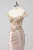 Sparkly Champagne Off the Shoulder Corset Prom Dress with Slit