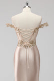 Sparkly Champagne Off the Shoulder Corset Prom Dress with Slit