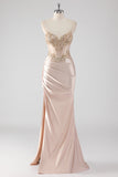 Sparkly Champagne Corset Sheath Prom Dress with Slit