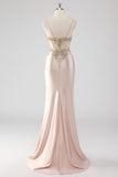 Sparkly Champagne Corset Sheath Prom Dress with Slit