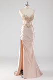 Sparkly Champagne Corset Sheath Prom Dress with Slit