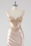 Sparkly Champagne Corset Sheath Prom Dress with Slit