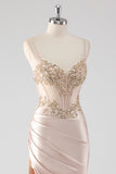 Sparkly Champagne Corset Sheath Prom Dress with Slit