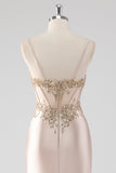 Sparkly Champagne Corset Sheath Prom Dress with Slit