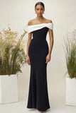 White Black Off the Shoulder Sheath Long Black Tie Dress