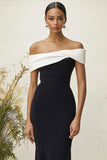 White Black Off the Shoulder Sheath Long Black Tie Dress