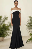 White Black Satin Off the Shoulder Mermaid Long Black Tie Dress