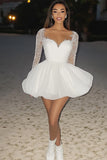 White A Line Short Graduation Dress with Lace Long Sleeves