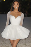 White A Line Short Graduation Dress with Lace Long Sleeves