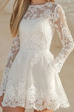 White Lace Long Sleeves A Line Short Graduation Dress