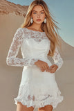 White Lace Boat Neck A Line Mini Graduation Dress