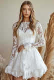 White Lace A Line Mini Graduation Dress with Long Sleeves