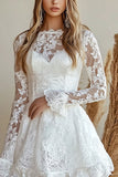 White Lace A Line Mini Graduation Dress with Long Sleeves