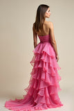 Glitter Ruffled Coral Tiered Sweetheart Long Prom Dress with Slit