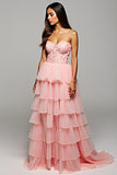 Sweetheart Blush Corset Tiered A Line Long Prom Dress with Slit