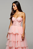 Sweetheart Blush Corset Tiered A Line Long Prom Dress with Slit