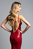 Sparkly Mermaid Sequined V-Neck Backless Long Prom Dress