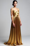 Metallic Golden Spaghetti Straps A Line Pleated Wedding Guest Dress