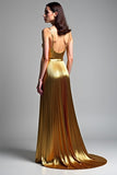 Metallic Golden Spaghetti Straps A Line Pleated Wedding Guest Dress