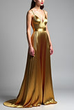 Metallic Golden Spaghetti Straps A Line Pleated Wedding Guest Dress