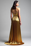 Metallic Golden Spaghetti Straps A Line Pleated Wedding Guest Dress