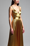 Metallic Golden Spaghetti Straps A Line Pleated Wedding Guest Dress