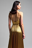 Metallic Golden Spaghetti Straps A Line Pleated Wedding Guest Dress