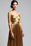 Metallic Golden Spaghetti Straps A Line Pleated Wedding Guest Dress