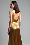 Metallic Golden Spaghetti Straps A Line Pleated Wedding Guest Dress