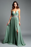 A Line Pleated V-Neck Dusty Sage Backless Prom Dress with Slit