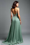 A Line Pleated V-Neck Dusty Sage Backless Prom Dress with Slit