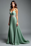 A Line Pleated V-Neck Dusty Sage Backless Prom Dress with Slit