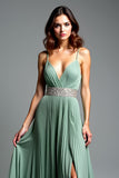 A Line Pleated V-Neck Dusty Sage Backless Prom Dress with Slit