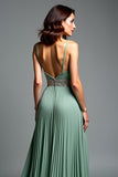 A Line Pleated V-Neck Dusty Sage Backless Prom Dress with Slit