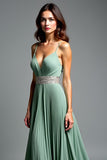 A Line Pleated V-Neck Dusty Sage Backless Prom Dress with Slit