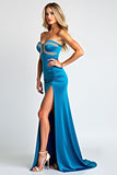 Blue Strapless Corset Sheath Beading Long Prom Dress with Slit