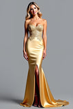 Mermaid Corset Sweetheart Appliqued Golden Prom Dress with Slit