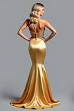 Mermaid Corset Sweetheart Appliqued Golden Prom Dress with Slit