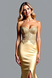 Mermaid Corset Sweetheart Appliqued Golden Prom Dress with Slit