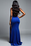 Sparkly Royal Blue One Shoulder Sequins Sheath Long Prom Dress with Slit