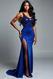 Sparkly Royal Blue One Shoulder Sequins Sheath Long Prom Dress with Slit