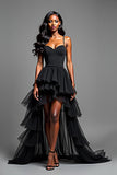 A Line Black Spaghetti Straps Tiered High Low Prom Dress with Ruffles