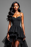 A Line Black Spaghetti Straps Tiered High Low Prom Dress with Ruffles