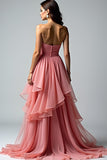 Dusty Rose Sweetheart A Line Ruffled Long Prom Dress