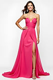 A Line Fuchsia Sweetheart Ruched Long Prom Dress with Slit