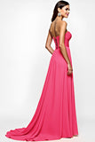 A Line Fuchsia Sweetheart Ruched Long Prom Dress with Slit